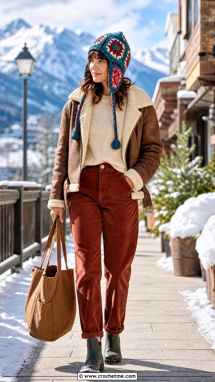 Earflap Granny Square Hat With Shearling Jacket And Corduroy Pants - 35 granny square hat outfit ideas