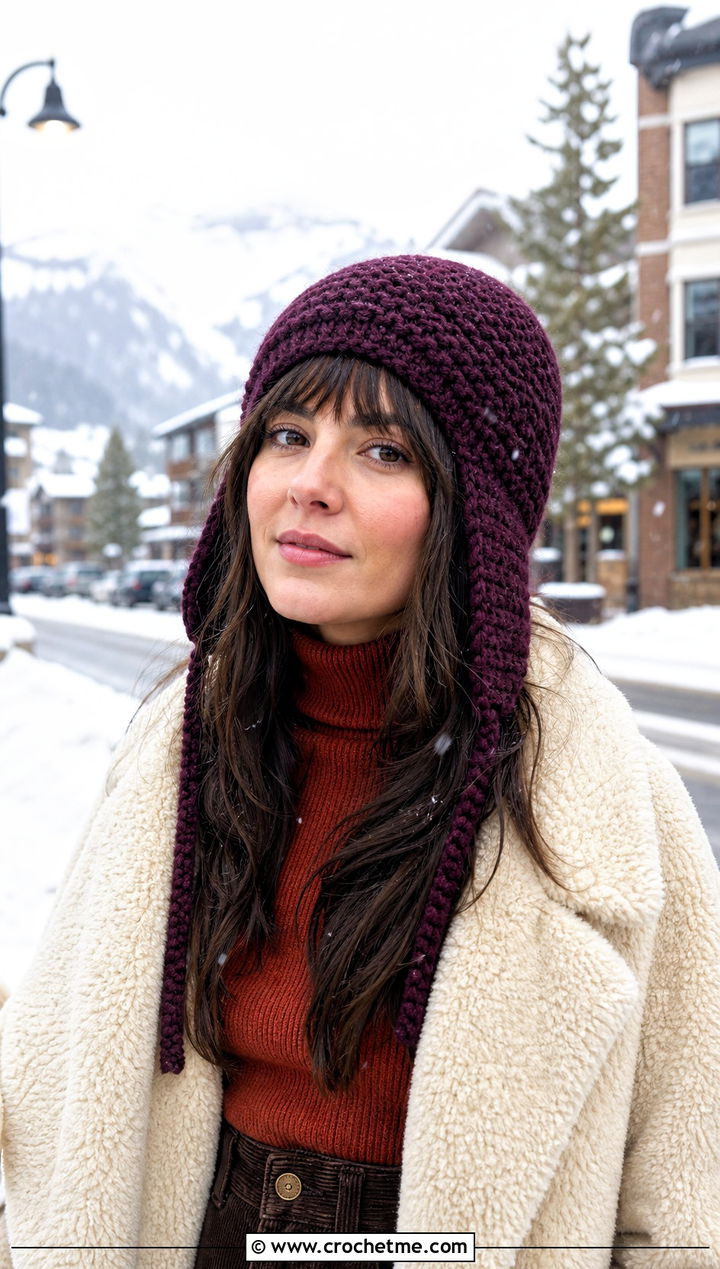 Earflap HDC Hat With Shearling Coat And Corduroy Pants - 20 hdc crochet hat outfit ideas