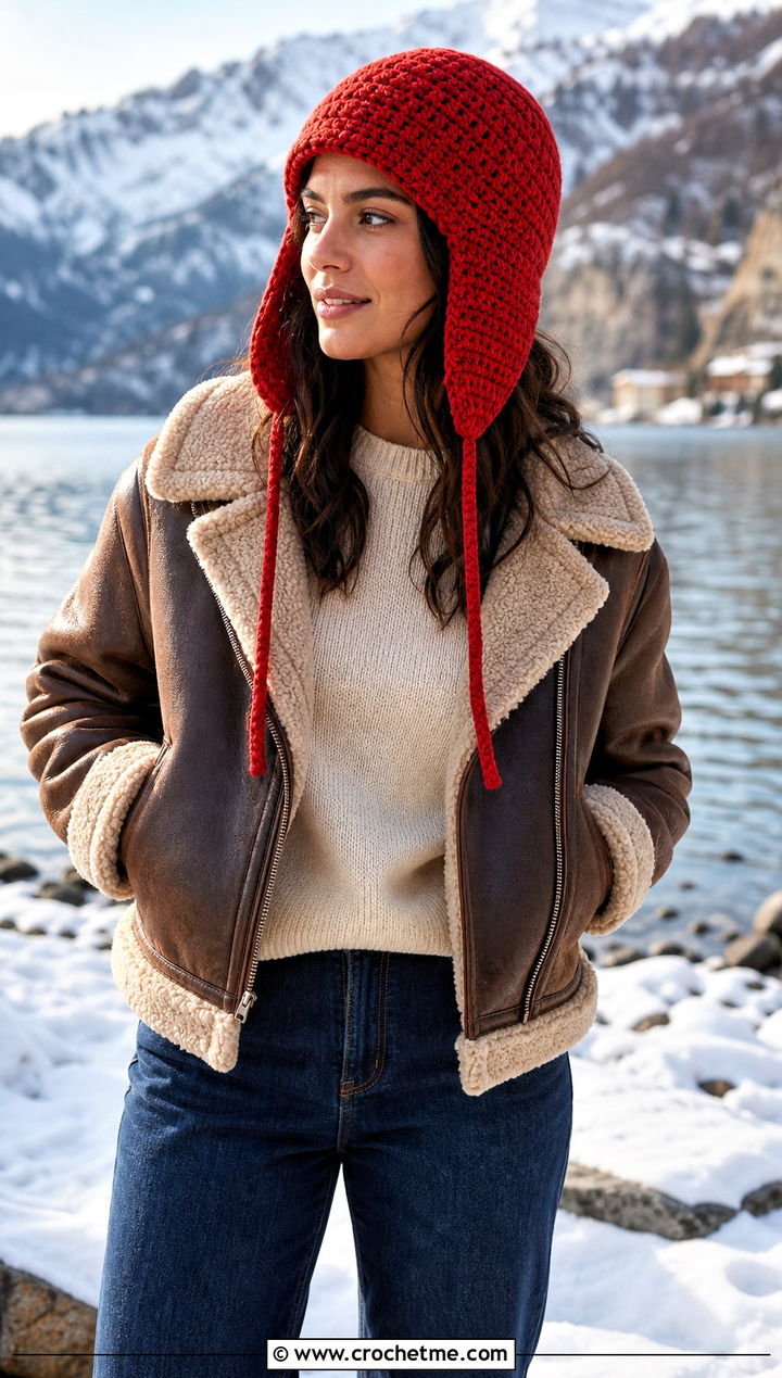 Earflap Half Double Crochet Hat With Shearling Jacket And Straight Jeans - 30 Half Double Crochet Hat outfit ideas