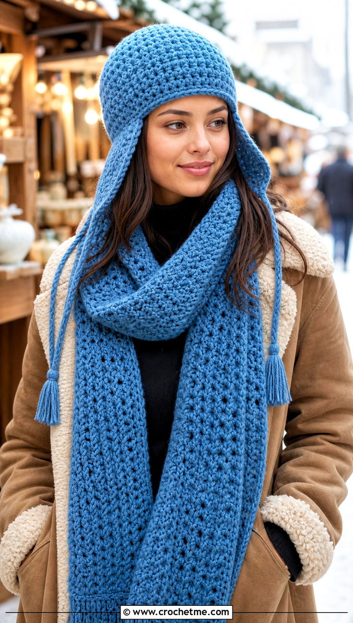 Earflap Hat And Blanket Scarf With Shearling Jacket - 30 crochet hat and scarf outfit ideas