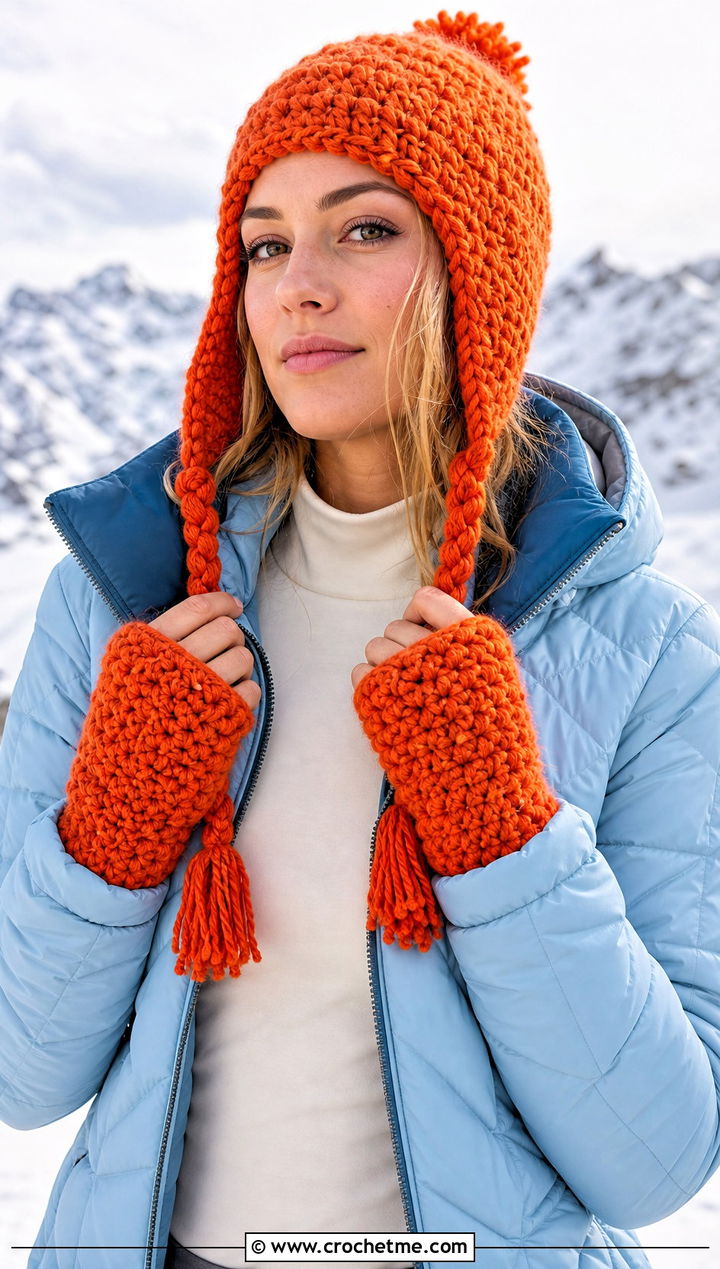 Earflap Hat And Chunky Gauntlet Warmers With Quilted Jacket - 15 Crochet Hat With Hand Warmer outfit ideas