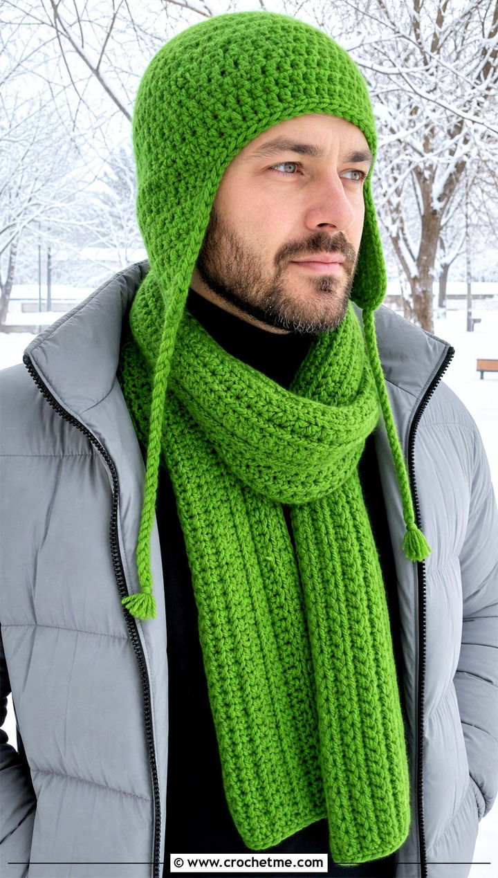 Earflap Hat And Chunky Ribbed Scarf With Puffer Jacket - 15 Mens Crochet Hat And Scarf outfit ideas