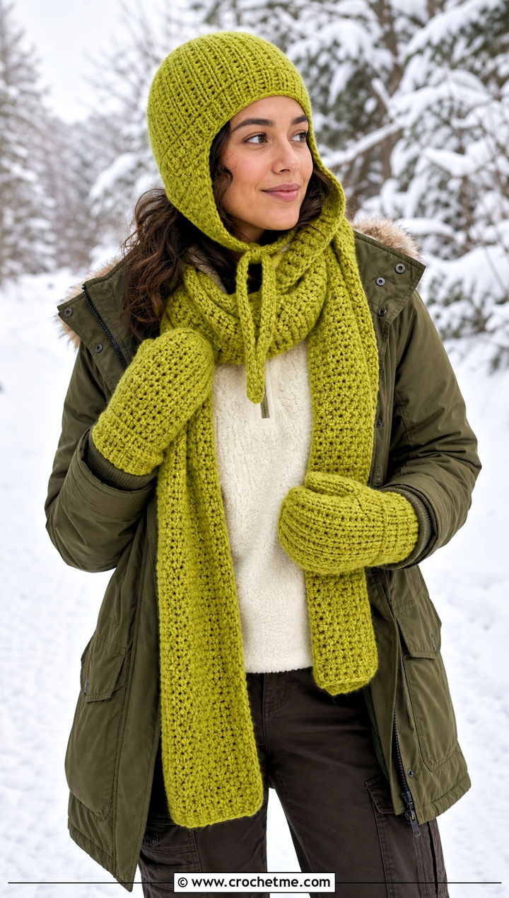 Earflap Hat Crochet Set With Parka - 20 Crochet Hat Mittens Scarf Set outfit ideas
