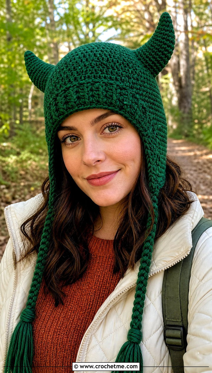 Earflap Horned Beanie With Quilted Jacket - 20 Crochet Horned Beanie outfit ideas