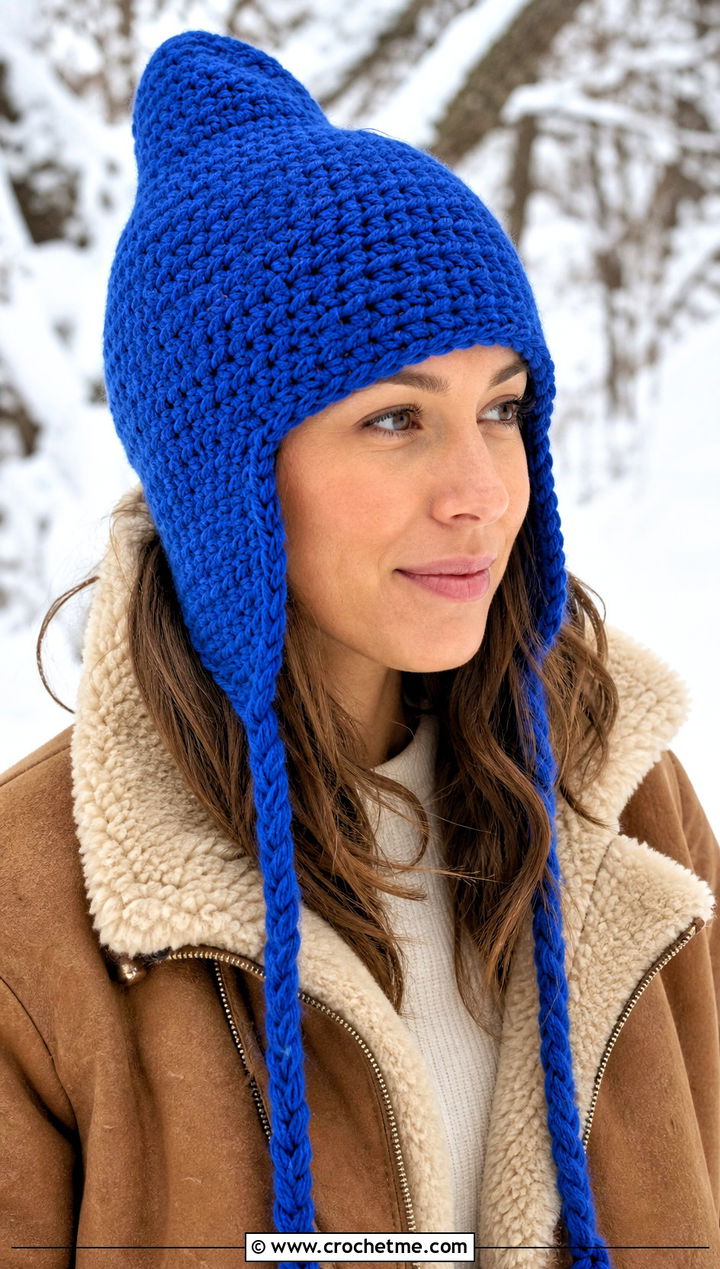Earflap Long Crochet Hat With Shearling Jacket - 30 crochet long hat outfit ideas