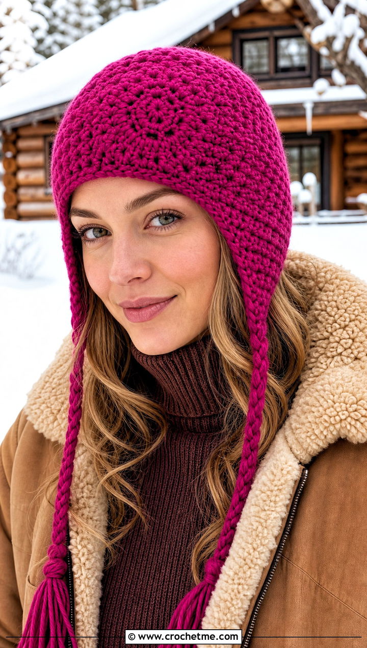 Earflap Magic Circle Crochet Beanie With Shearling Jacket - 25 Crochet Beanie Magic Circle outfit ideas