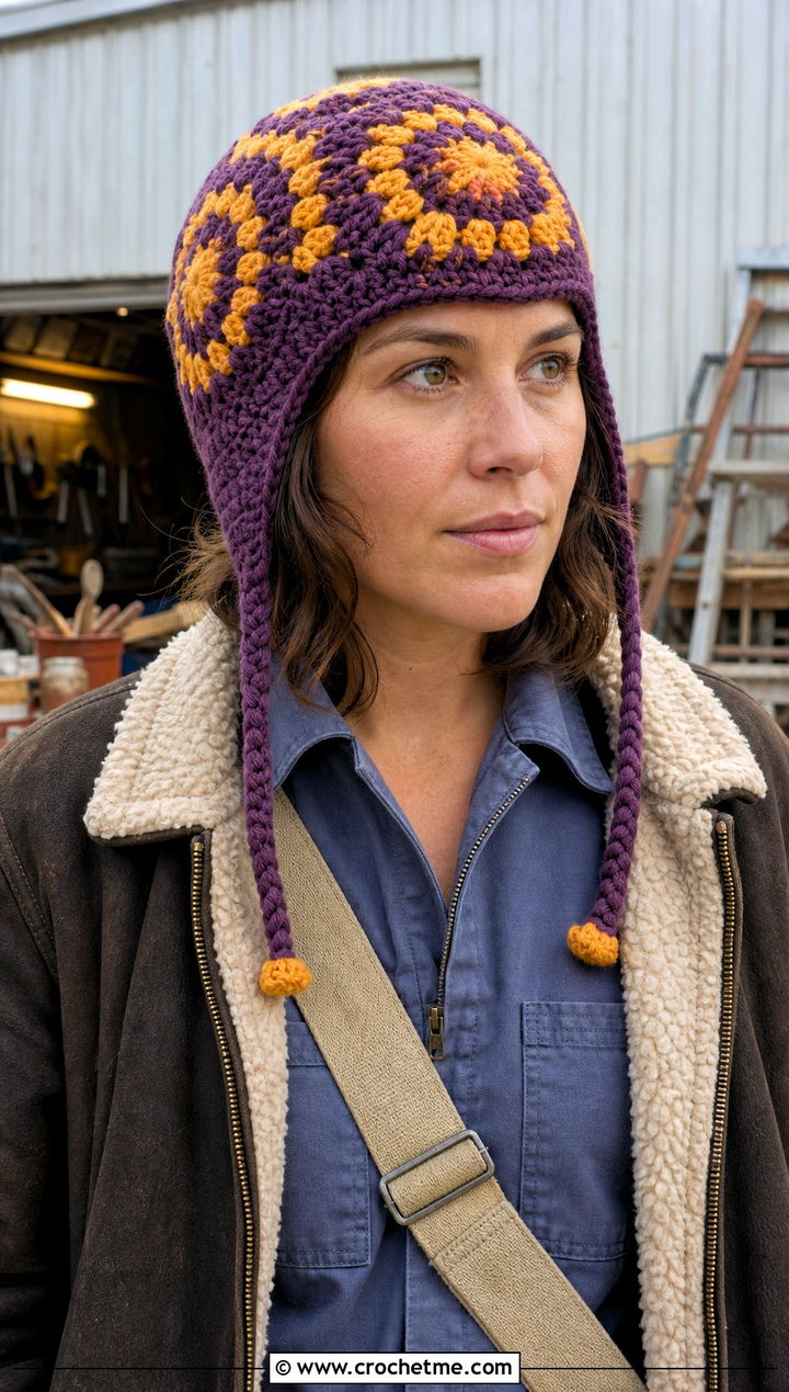 Earflap Mandala Crochet Beanie With Utility Jumpsuit - 20 Mandala Crochet Beanie outfit ideas