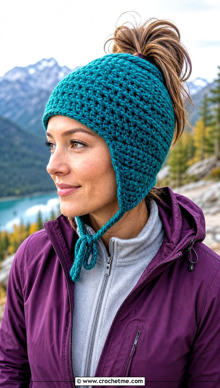 Earflap Messy Bun Crochet Hat With Hiking Outfit - 25 messy bun crochet hat with hair tie outfit ideas