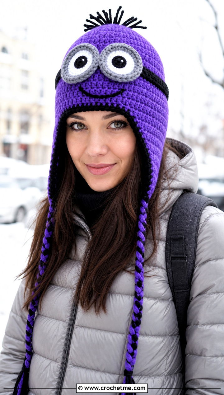 Earflap Minion Crochet Beanie With Puffer Coat - 25 minion crochet beanie outfit ideas