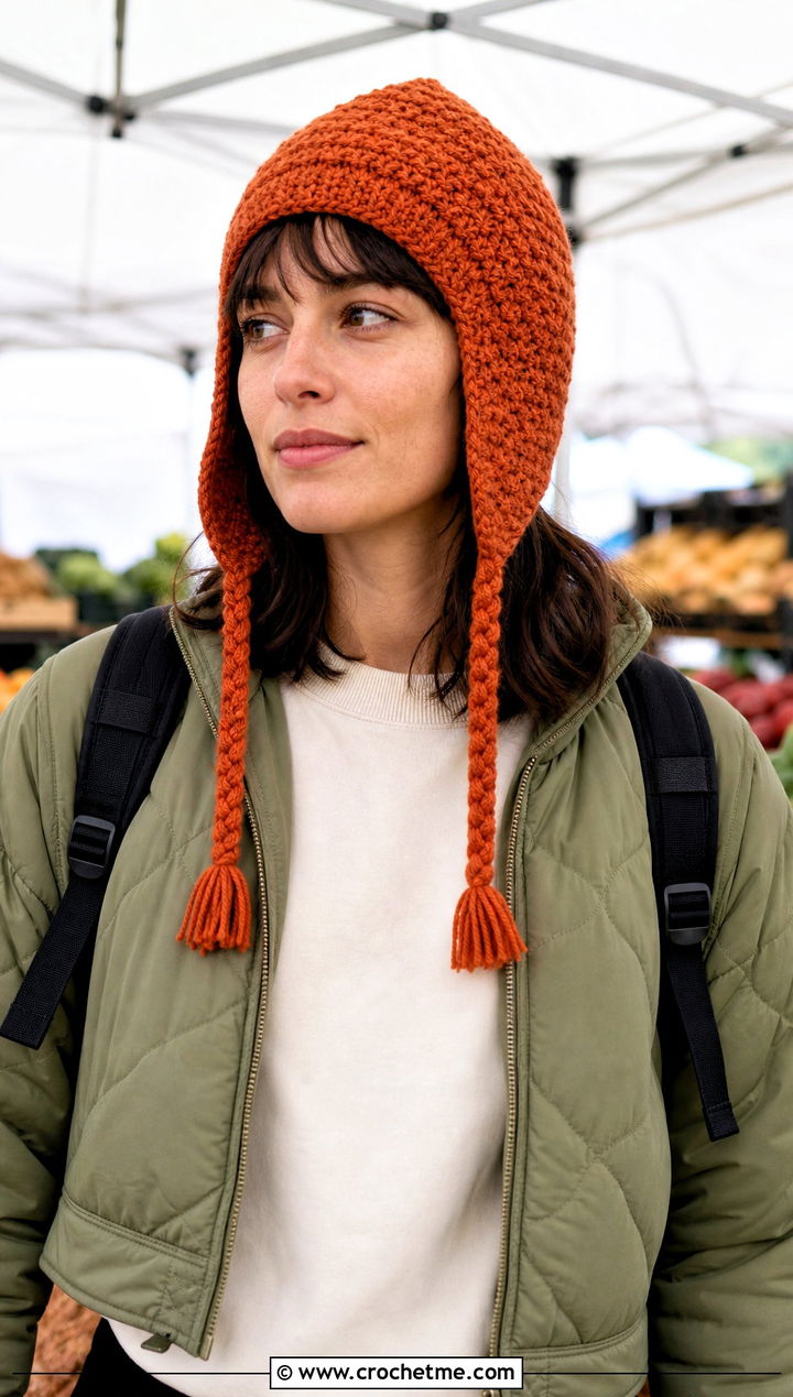 Earflap Moss Stitch Hat With Quilted Jacket - 25 Crochet Moss Stitch Hat outfit ideas