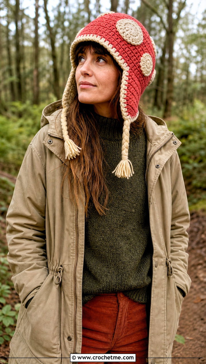 Earflap Mushroom Beanie With Parka And Hiking Boots - 20 crochet mushroom beanie outfit ideas
