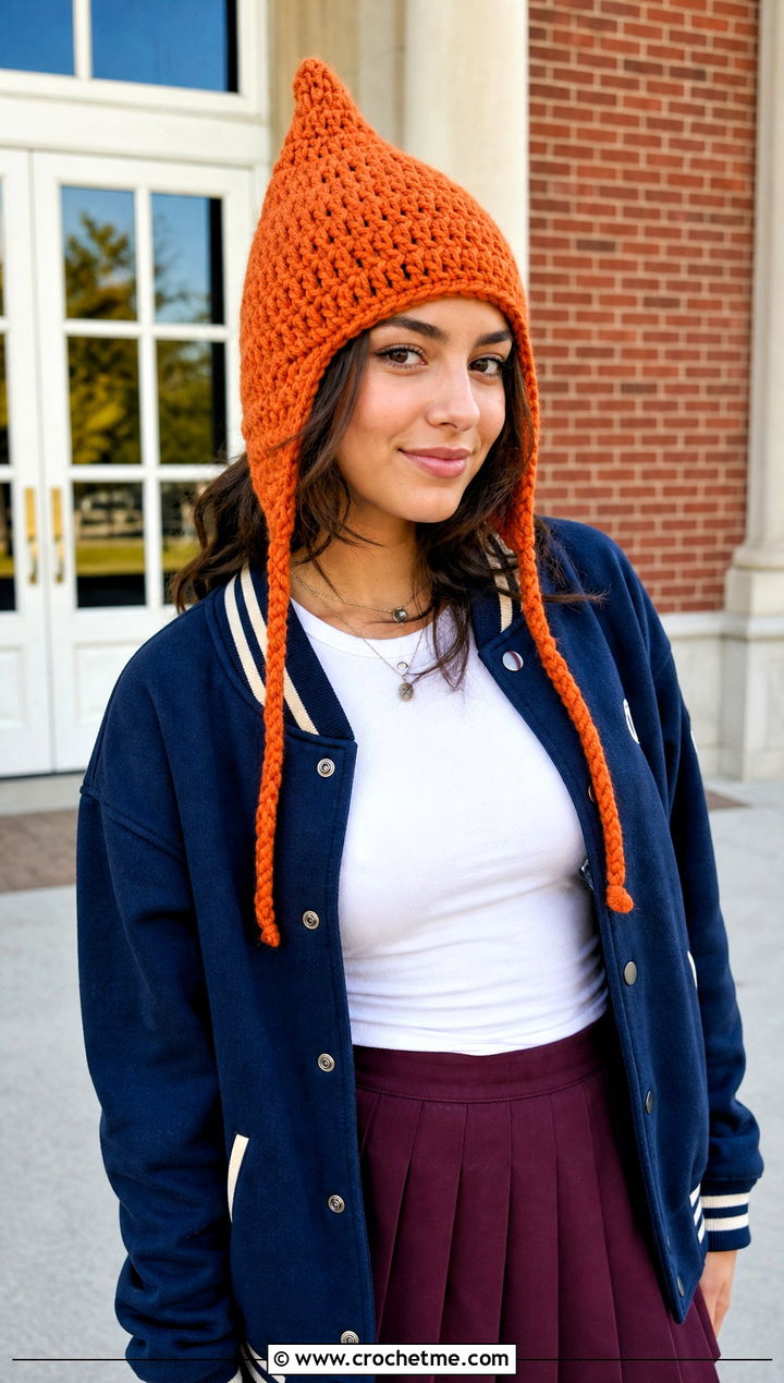 Earflap Pointy Crochet Hat With Varsity Jacket And Pleated Skirt - 25 pointy crochet hat outfit ideas
