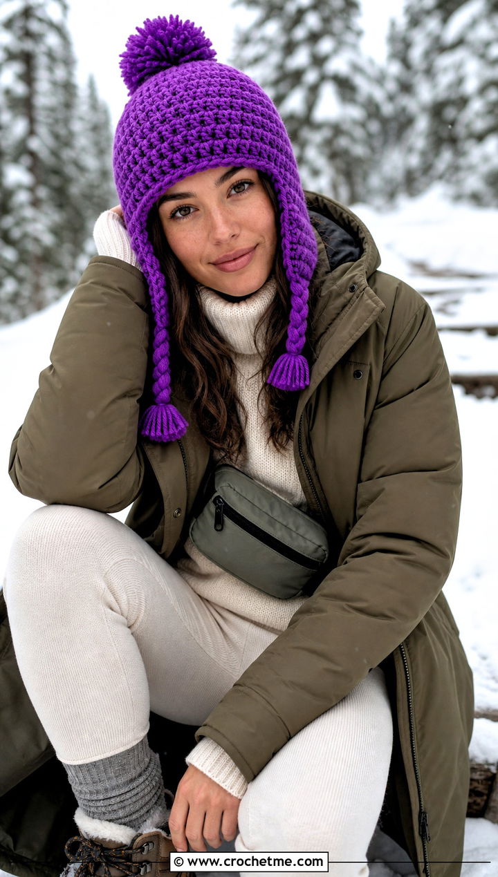 Earflap Pom Pom Crochet Hat With Parka And Snow Boots - 30 crochet hat with pom pom outfit ideas