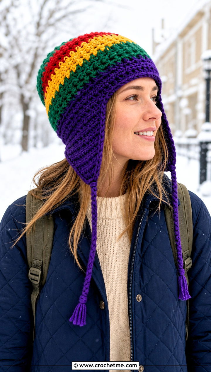 Earflap Rasta Beanie With Quilted Coat - 25 crochet rasta beanie outfit ideas