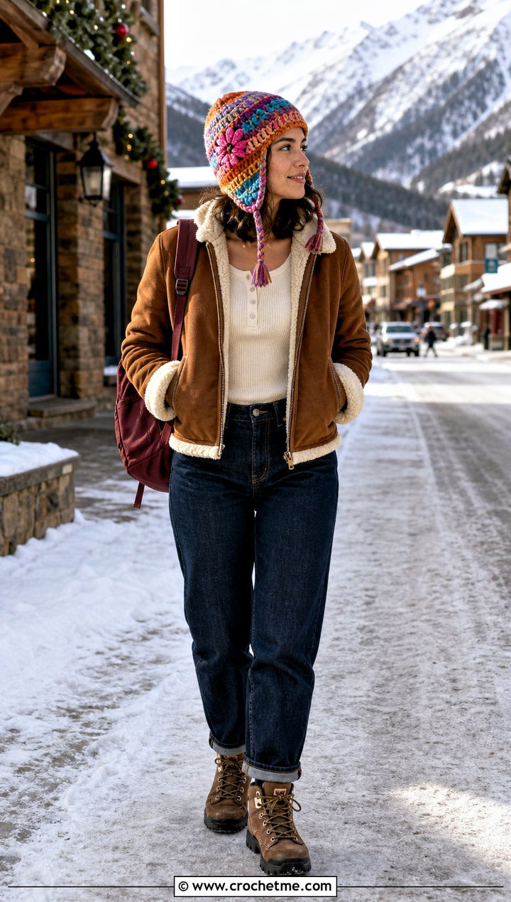 Earflap Scrap Beanie With Shearling Jacket - 35 crochet scrap beanie outfit ideas