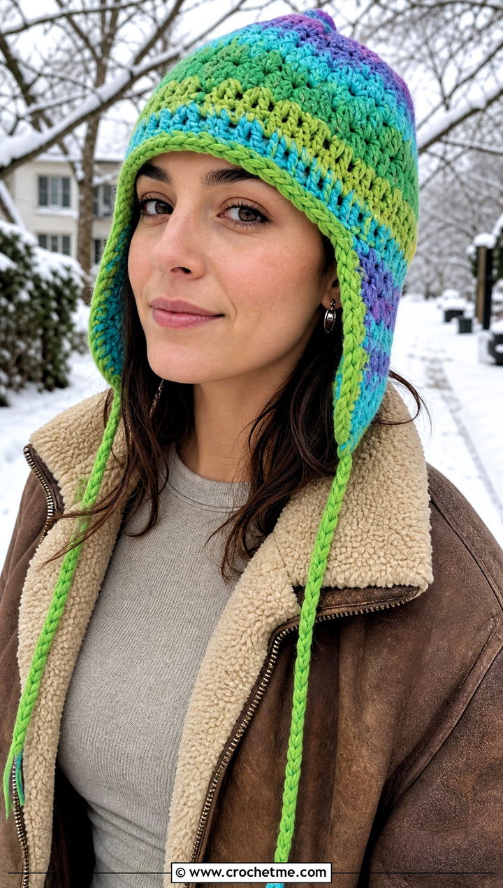 Earflap Scrap Yarn Crochet Beanie With Shearling Jacket - 30 scrap yarn crochet beanie outfit ideas