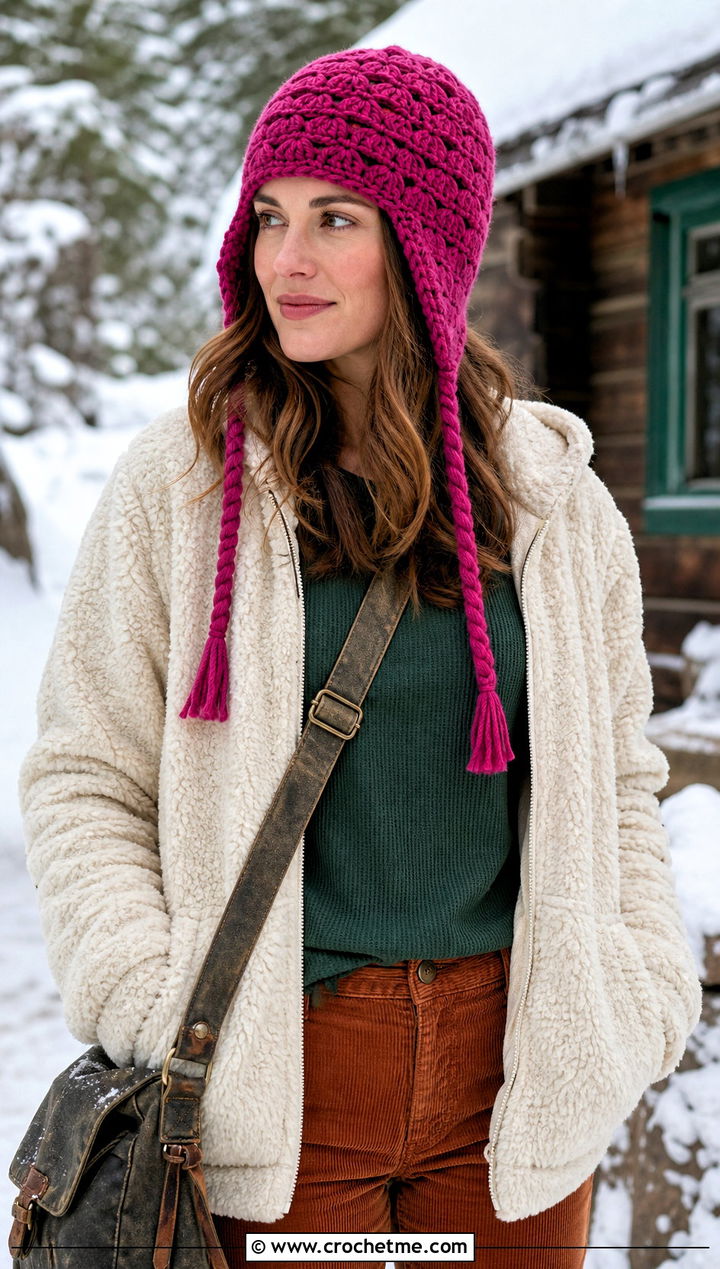 Earflap Shell Crochet Beanie With Sherpa Jacket And Corduroy Pants - 20 shell crochet beanie outfit ideas