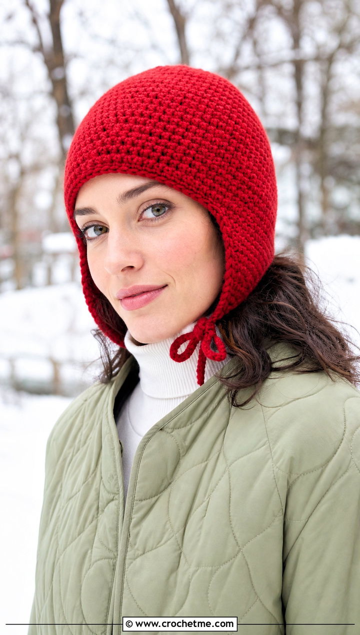 Earflap Single Crochet Beanie With Quilted Jacket - 15 Sc Crochet Beanie outfit ideas