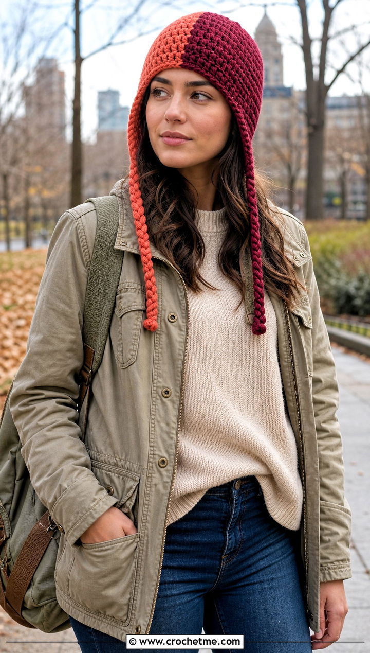 Earflap Split Color Crochet Beanie With Utility Jacket - 15 Split Color Crochet Beanie outfit ideas