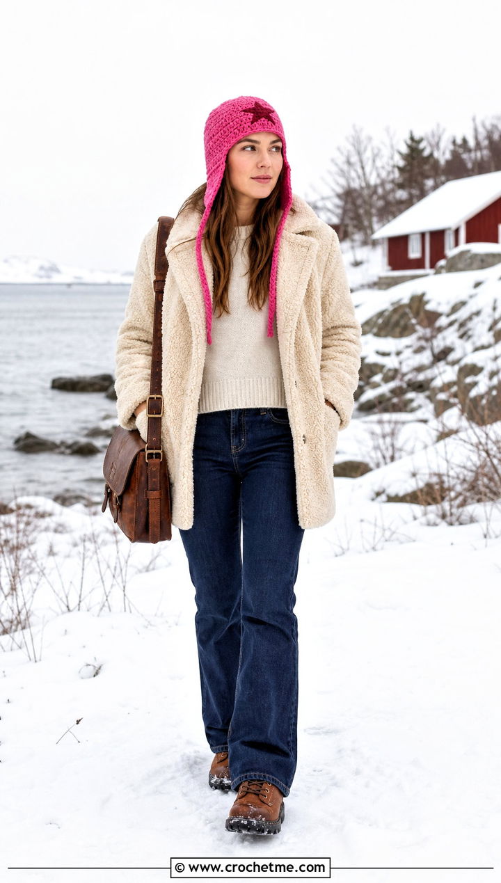 Earflap Star Beanie With Sherpa Coat - 35 crochet star beanie outfit ideas