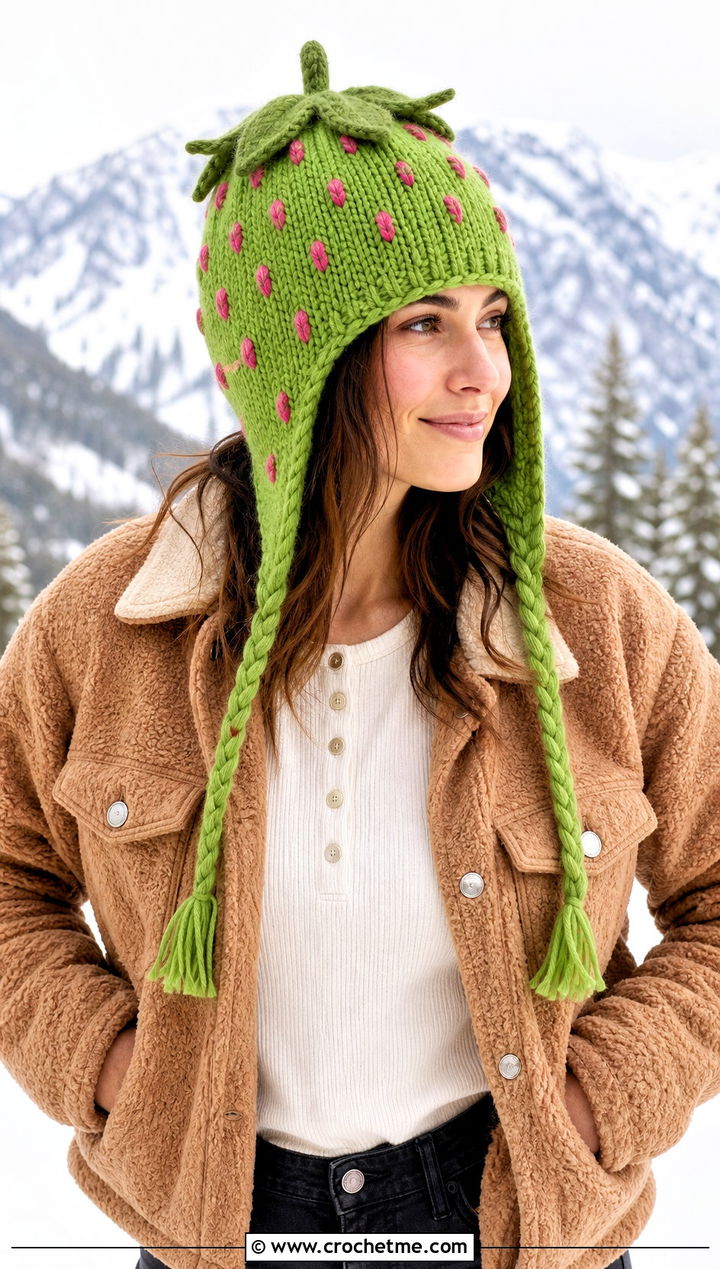 Earflap Strawberry Beanie With Sherpa Jacket - 30 Crochet Strawberry Beanie outfit ideas