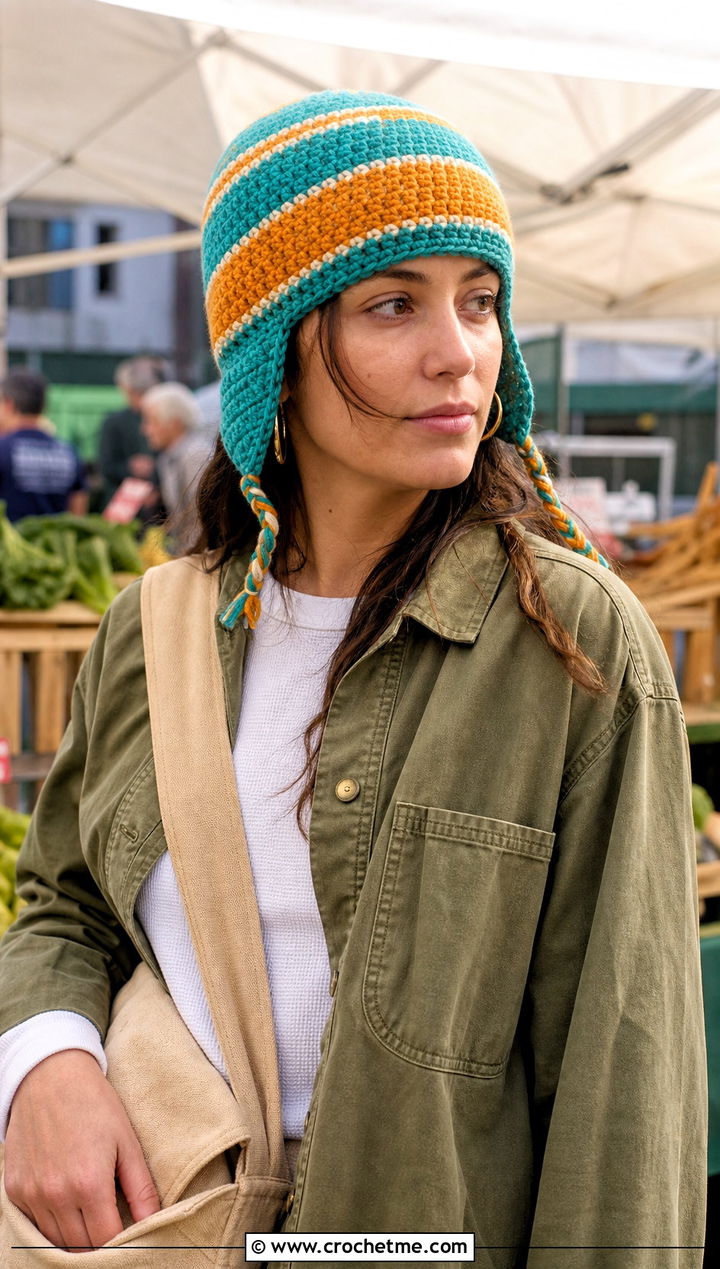 Earflap Striped Crochet Beanie With Workwear Jacket - 15 Crochet Striped Beanies outfit ideas