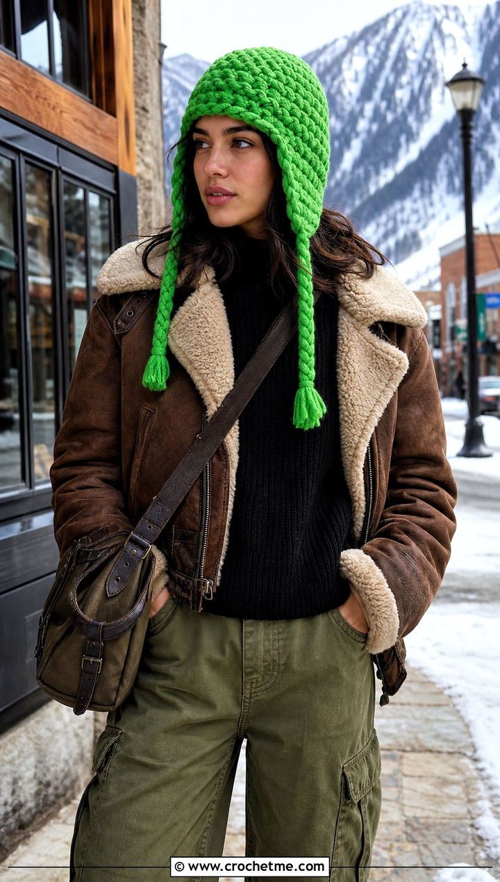 Earflap Super Bulky Crochet Hat With Shearling Jacket - 15 Crochet Hat With Super Bulky Yarn outfit ideas