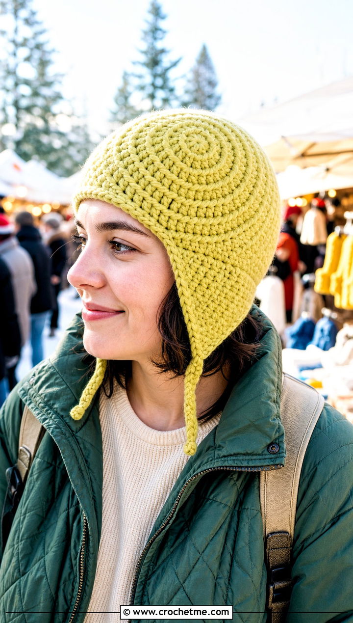 Earflap Swirl Crochet Hat With Quilted Jacket And Wide Leg Jeans - 30 crochet swirl hat outfit ideas