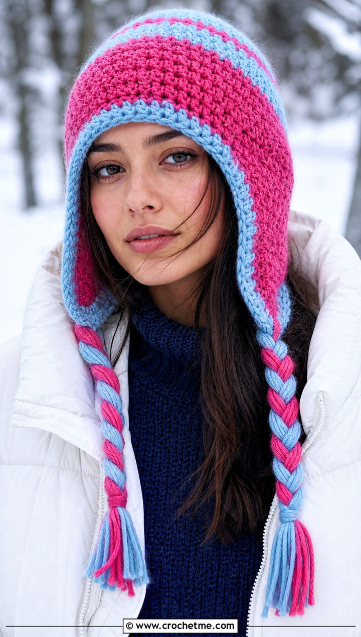 Earflap Two Color Crochet Beanie With Puffer Jacket - 30 2 color crochet beanie hat outfit ideas