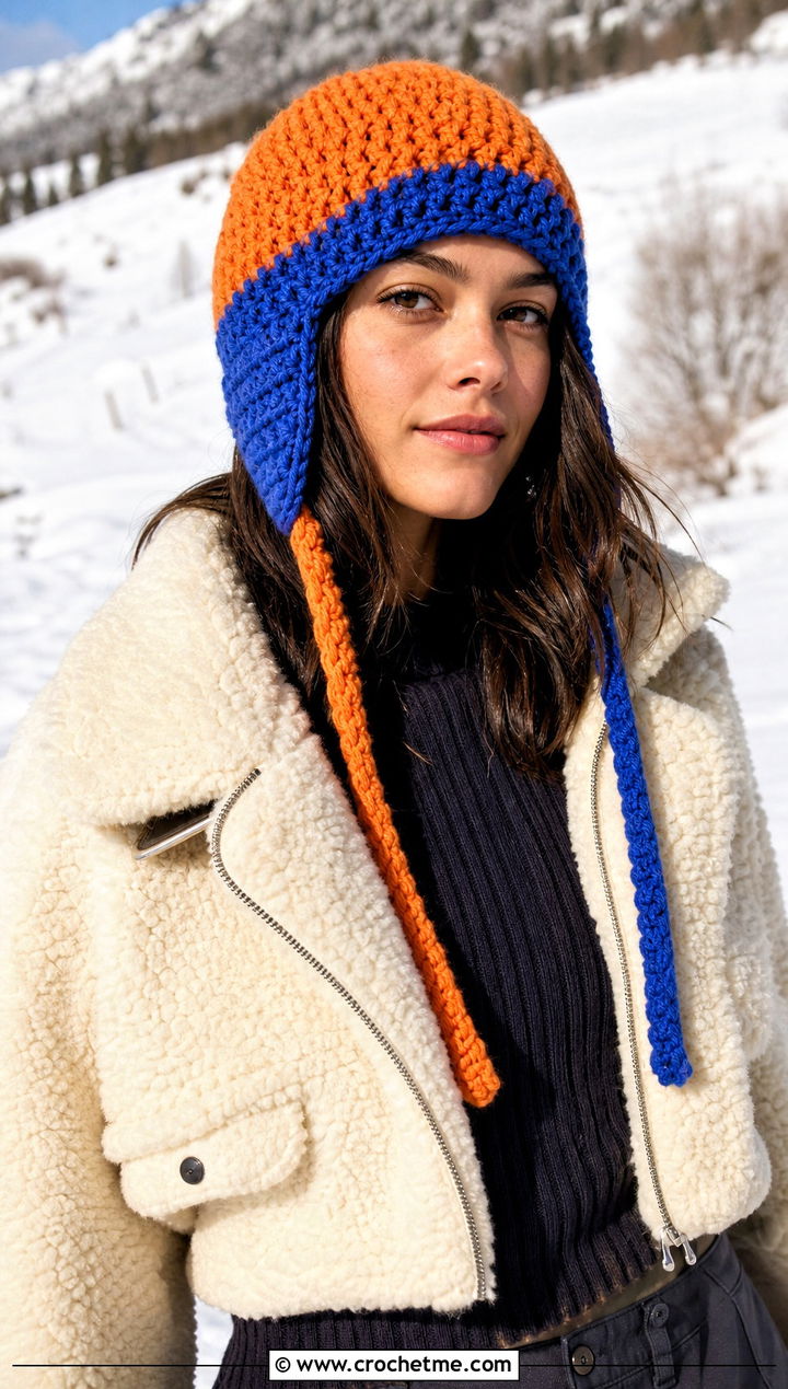 Earflap Two Tone Crochet Beanie With Shearling Jacket - 15 two tone crochet beanie outfit ideas