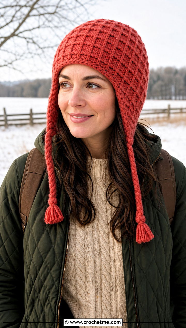 Earflap Waffle Crochet Beanie With Quilted Coat - 20 waffle crochet beanie outfit ideas