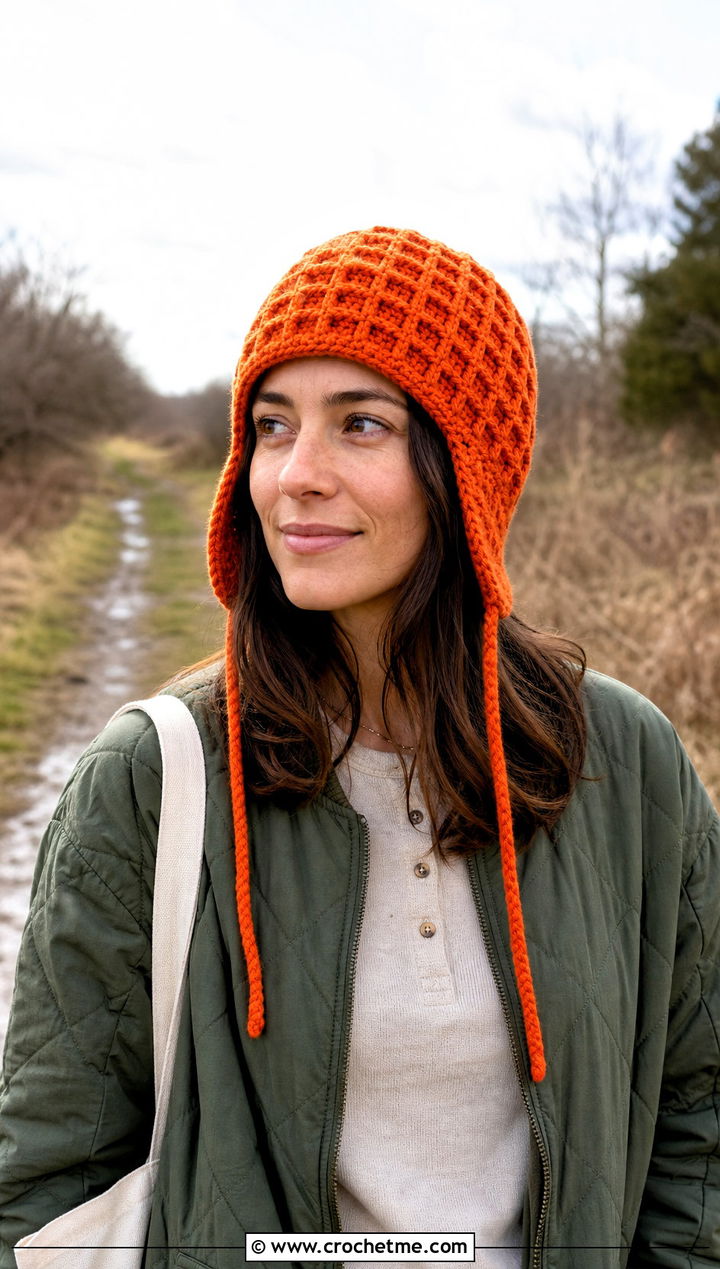 Earflap Waffle Crochet Hat With Quilted Jacket - 20 Waffle Crochet Hat outfit ideas