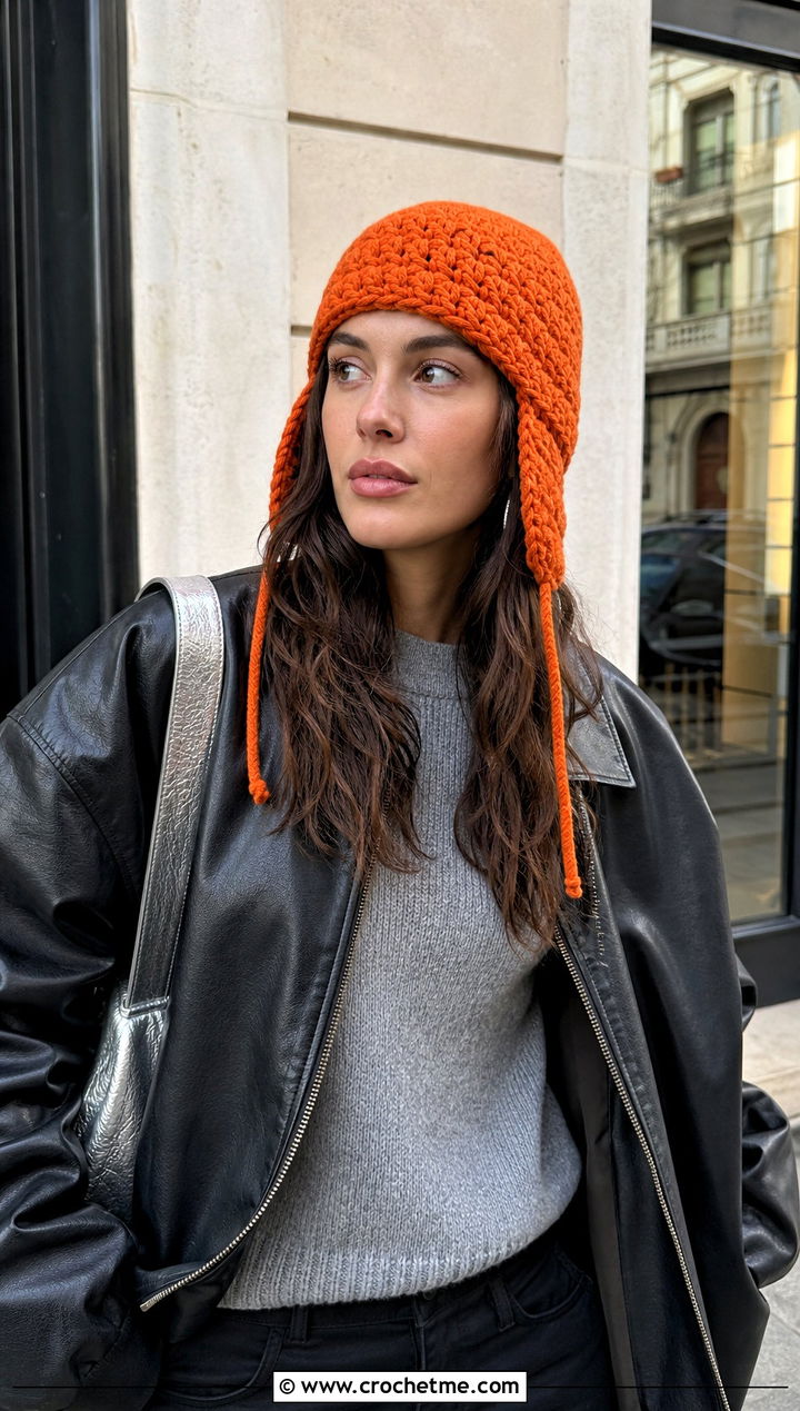 Earflap Wool Crochet Hat With Leather Jacket - 25 Wool Crochet Hat outfit ideas