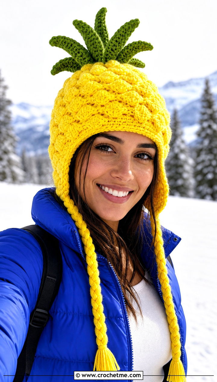 Earflap Yellow Crochet Pineapple Hat With A Puffer Jacket - 15 Yellow Crochet Pineapple Hat outfit ideas