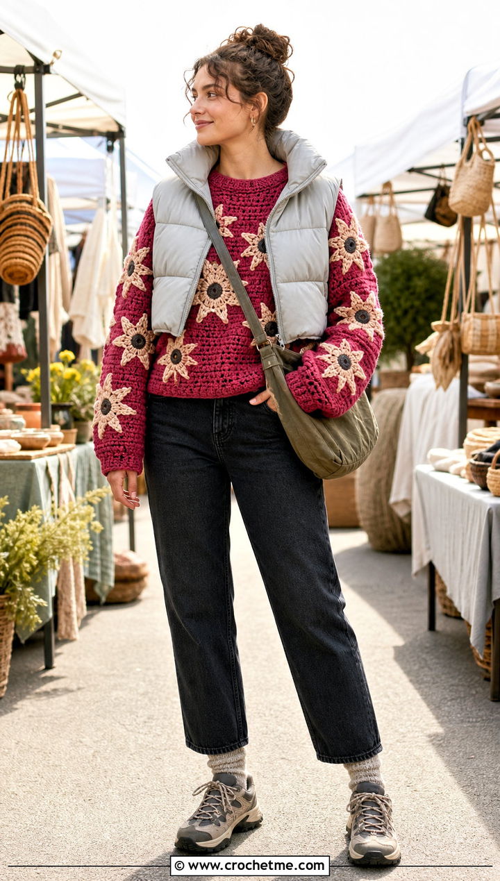 Earth Star Mushroom Crochet Sweater With Puffer Vest - 25 mushroom crochet sweater outfit ideas