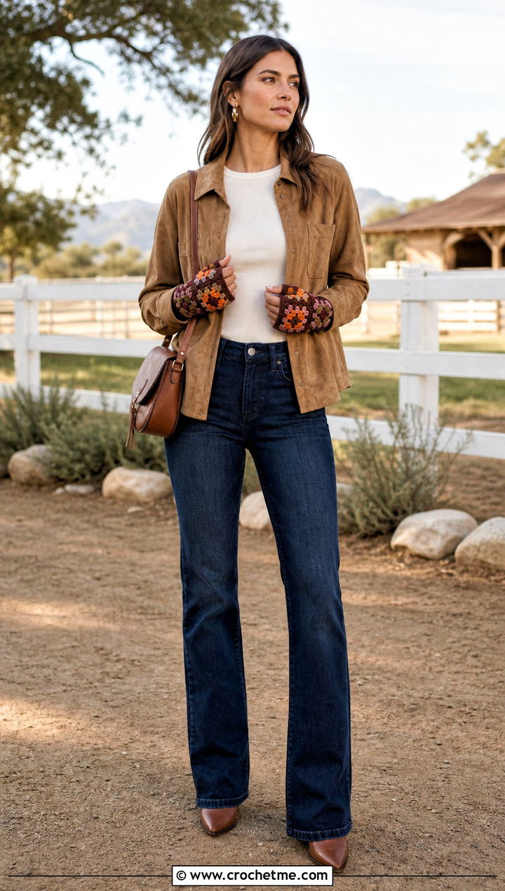 Earth Tone Granny Square Fingerless Gloves With Western Outfit - 35 granny square fingerless gloves outfit ideas
