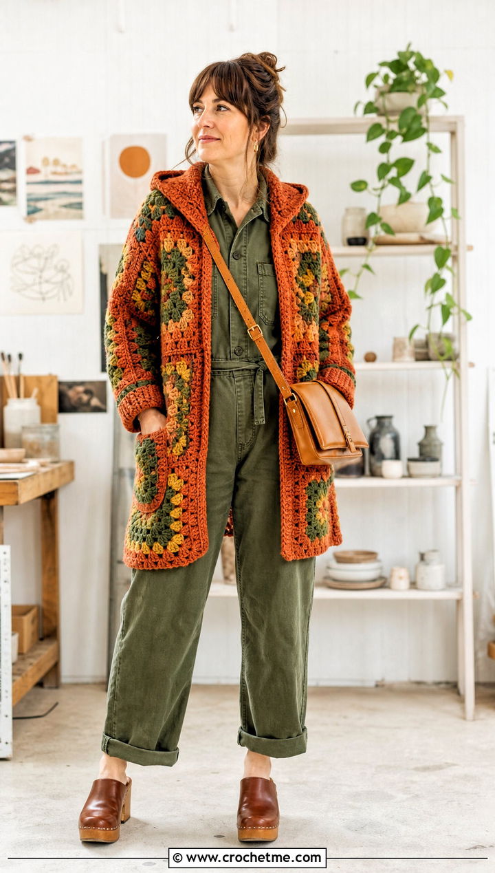 Earth Tone Granny Square Hooded Cardigan With Utility Jumpsuit - 25 Granny Square Hooded Cardigan outfit ideas