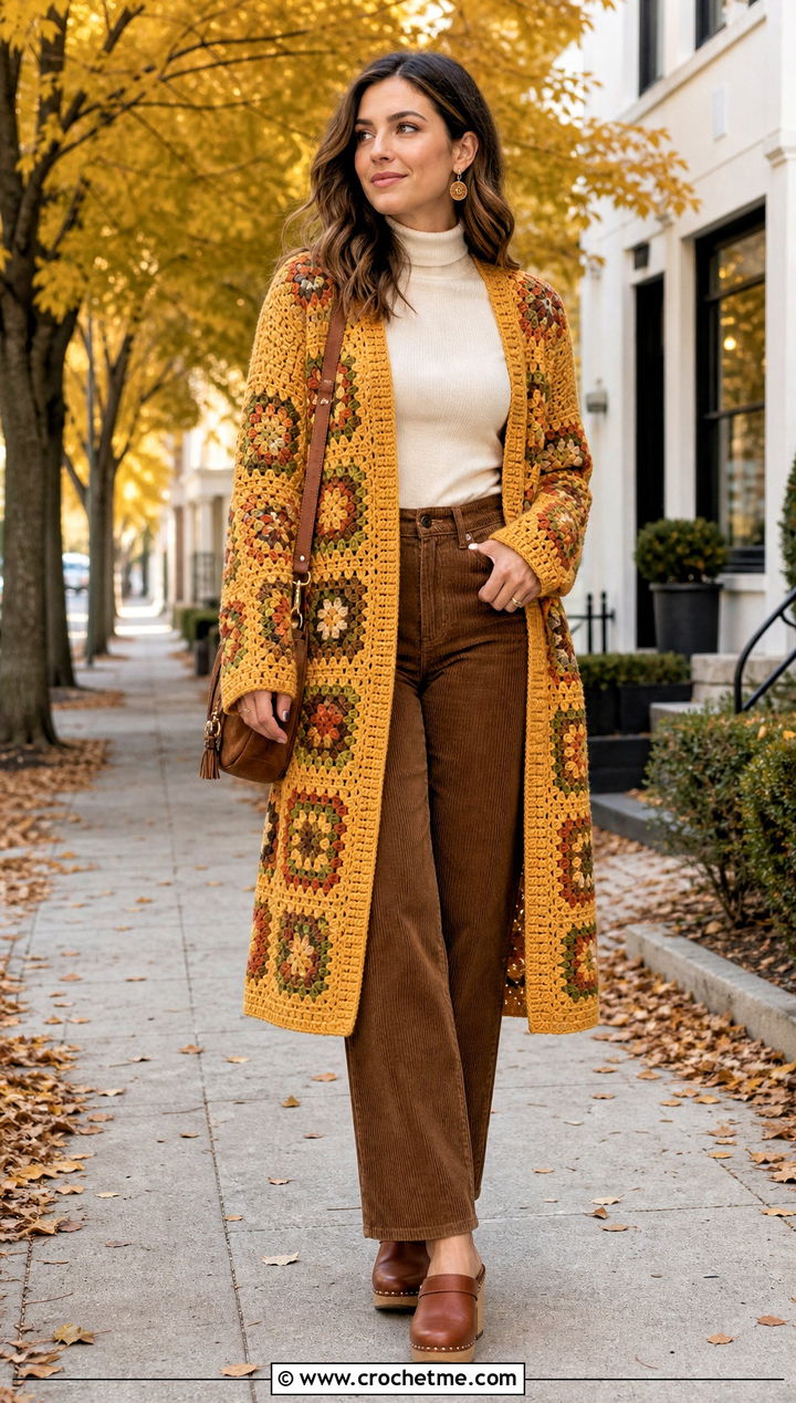 Earth Tone Granny Square Long Cardigan With Corduroy Pants - 25 crochet granny square long cardigan outfit ideas