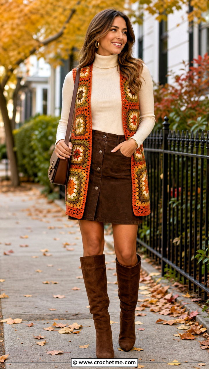 Earth Tone Granny Square Open Vest With Suede Skirt - 25 granny square open vest outfit ideas