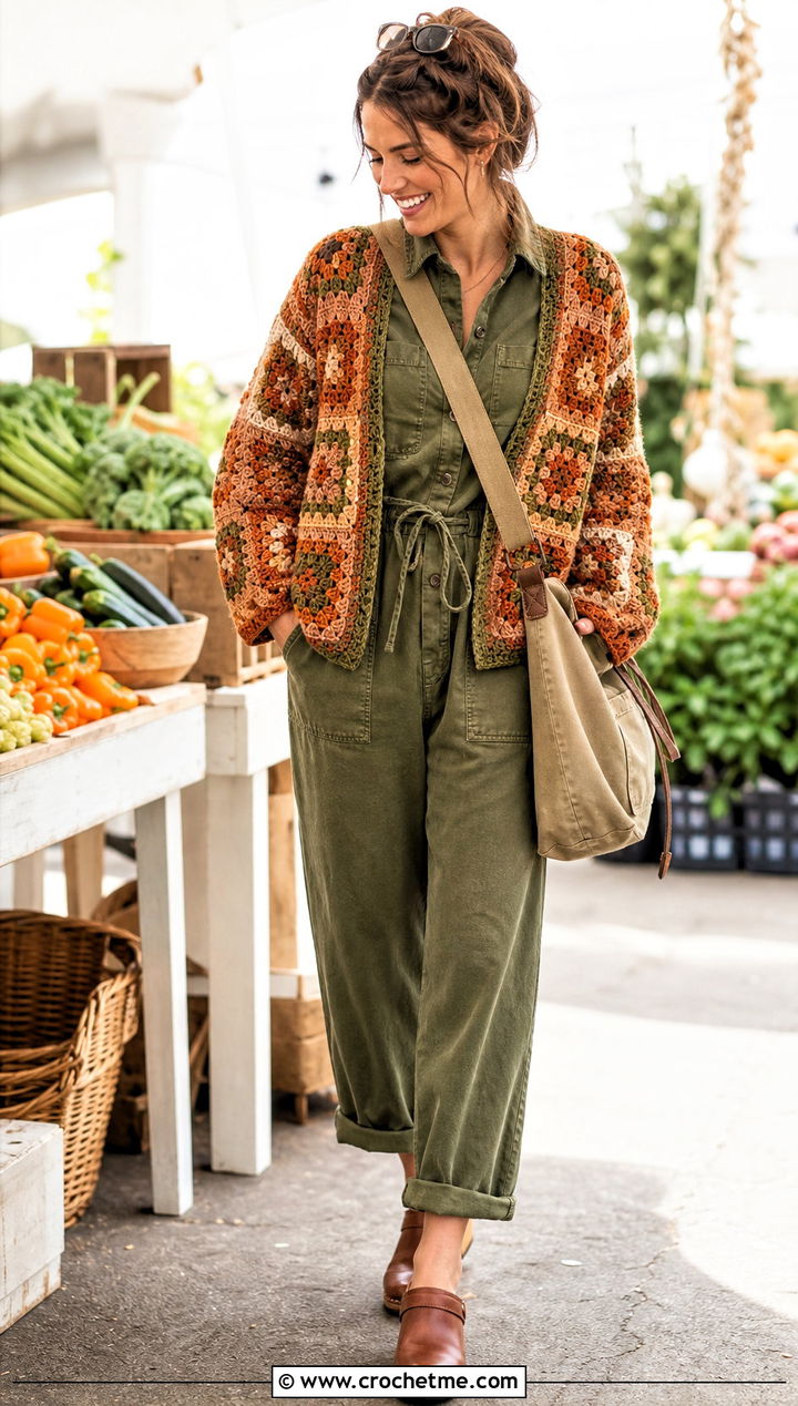 Earth Tone Granny Square Patchwork Cardigan With Utility Jumpsuit - 30 Granny Square Patchwork Cardigan outfit ideas