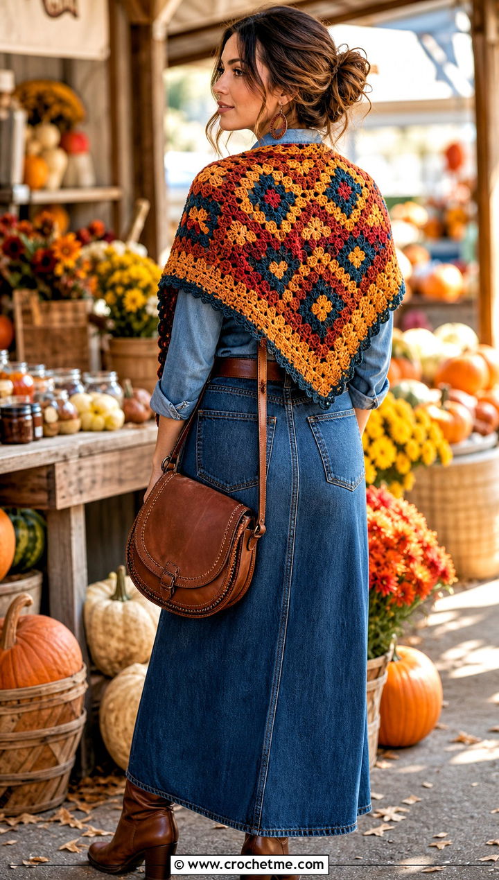Earth Tone Granny Square Triangle Shawl With Denim Maxi Skirt - 30 granny square triangle shawl outfit ideas