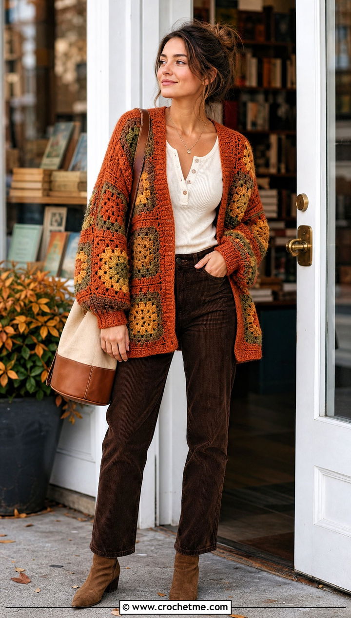 Earth Tone Oversized Granny Square Cardigan With Corduroy Pants - 25 Oversized Granny Square Cardigan outfit ideas