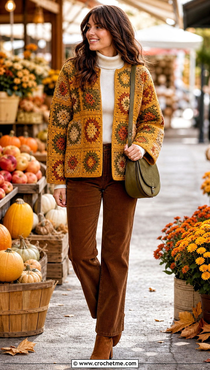 Earth Tone Square Jacket With Corduroy Pants - 30 crochet square jacket outfit ideas