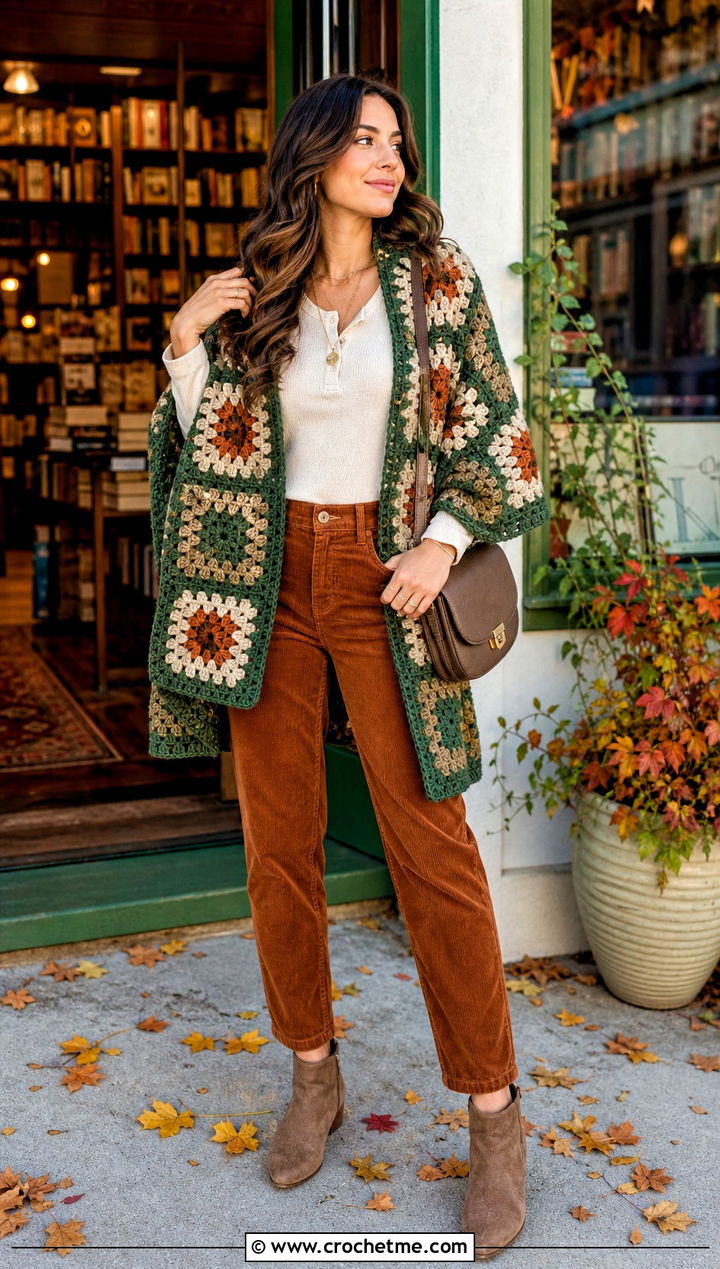 Earthy Granny Square Shawl With Corduroy Pants And Henley Top - 35 granny square shawl outfit ideas