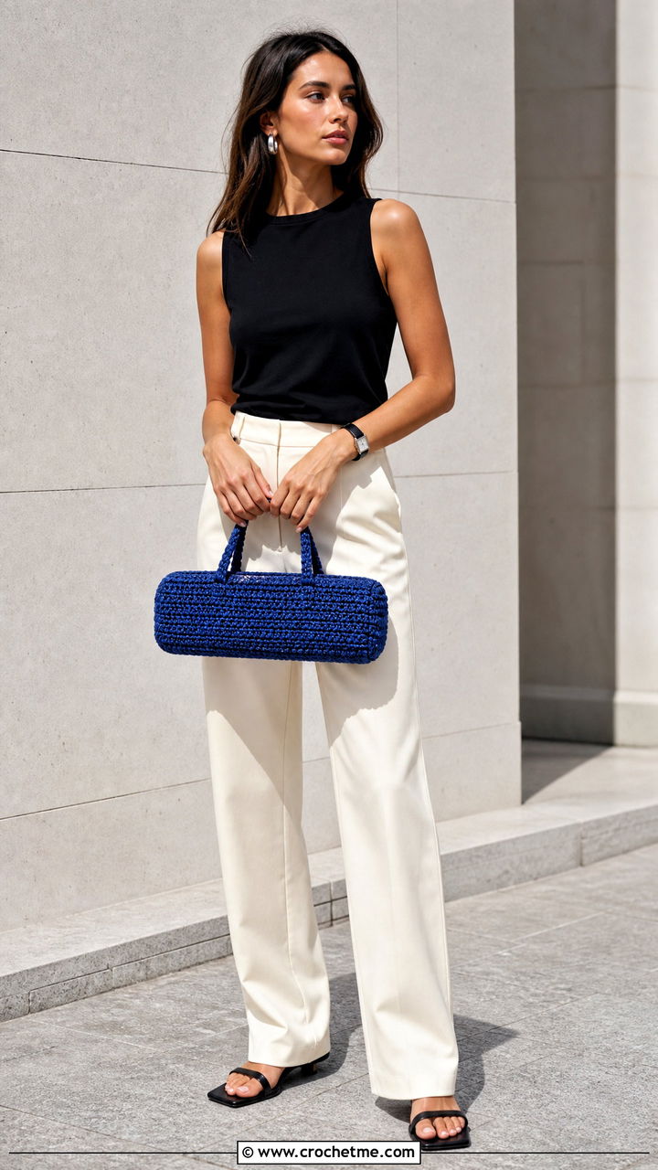 East West Crochet Bag With Minimalist Outfit - 35 crochet bag outfit ideas
