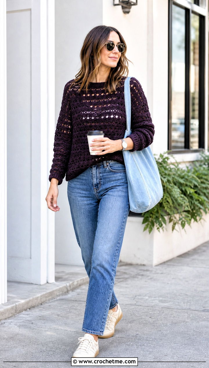 Easy Shell Stitch Crochet Sweater With Straight Leg Jeans - 25 Shell Stitch Crochet Sweater outfit ideas