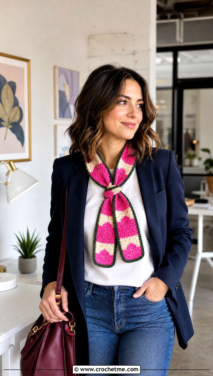 Ebi Maki Crochet Sushi Scarf With Blazer And Jeans - 30 crochet sushi scarf outfit ideas