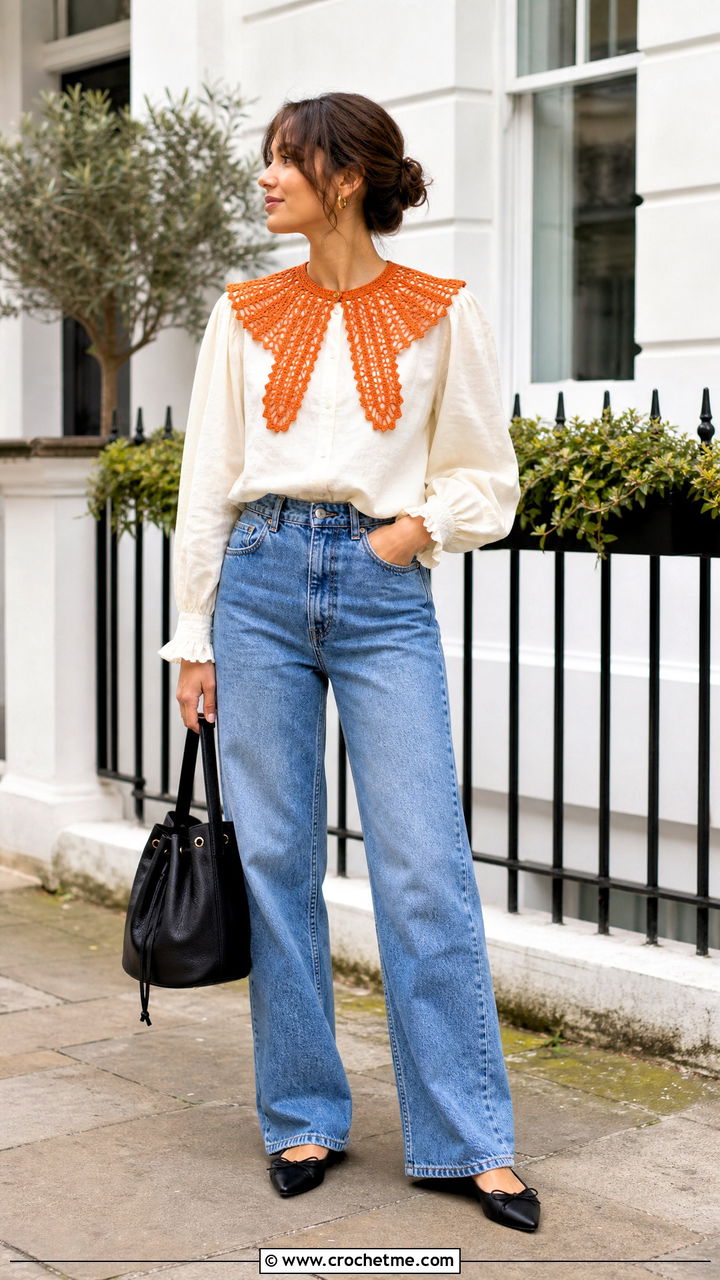 Edwardian Crochet Collar With Puff Sleeve Blouse And Jeans - 35 crochet collar outfit ideas