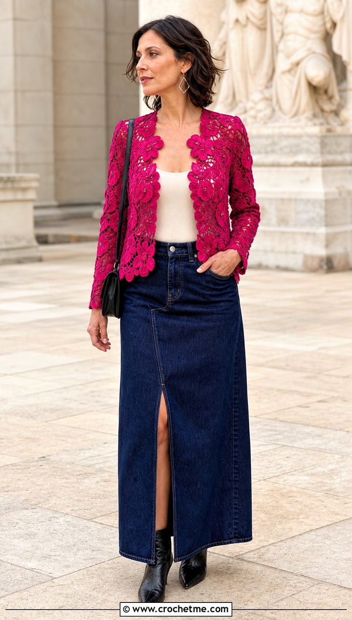 Edwardian Fitted Irish Lace Crochet Jacket With Denim Maxi Skirt - 15 irish lace crochet jacket outfit ideas