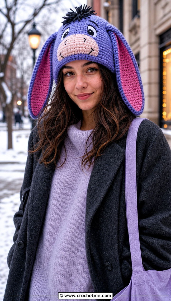 Eeyore Ear Beanie With Oversized Sweater - 25 Crochet Disney Beanie outfit ideas